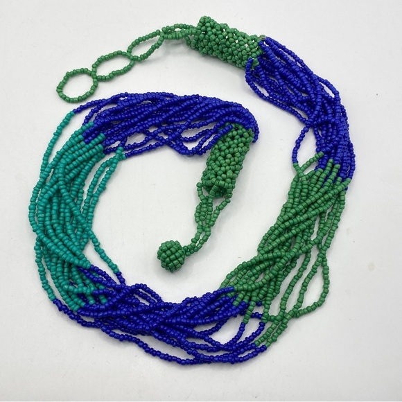 Blue & Green Seed Beads Artisan Made Multi-Strand Necklace - Picture 7 of 8